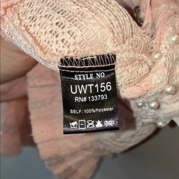 POL Shacket Women's Pink Pearl Lace Eyelet Woven Balloon Sleeve Front Pockets - Picture 5 of 7